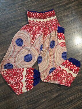 70's Boho/Hippie Red, Blue, Cream Harem Pants NWOT/SIZE S